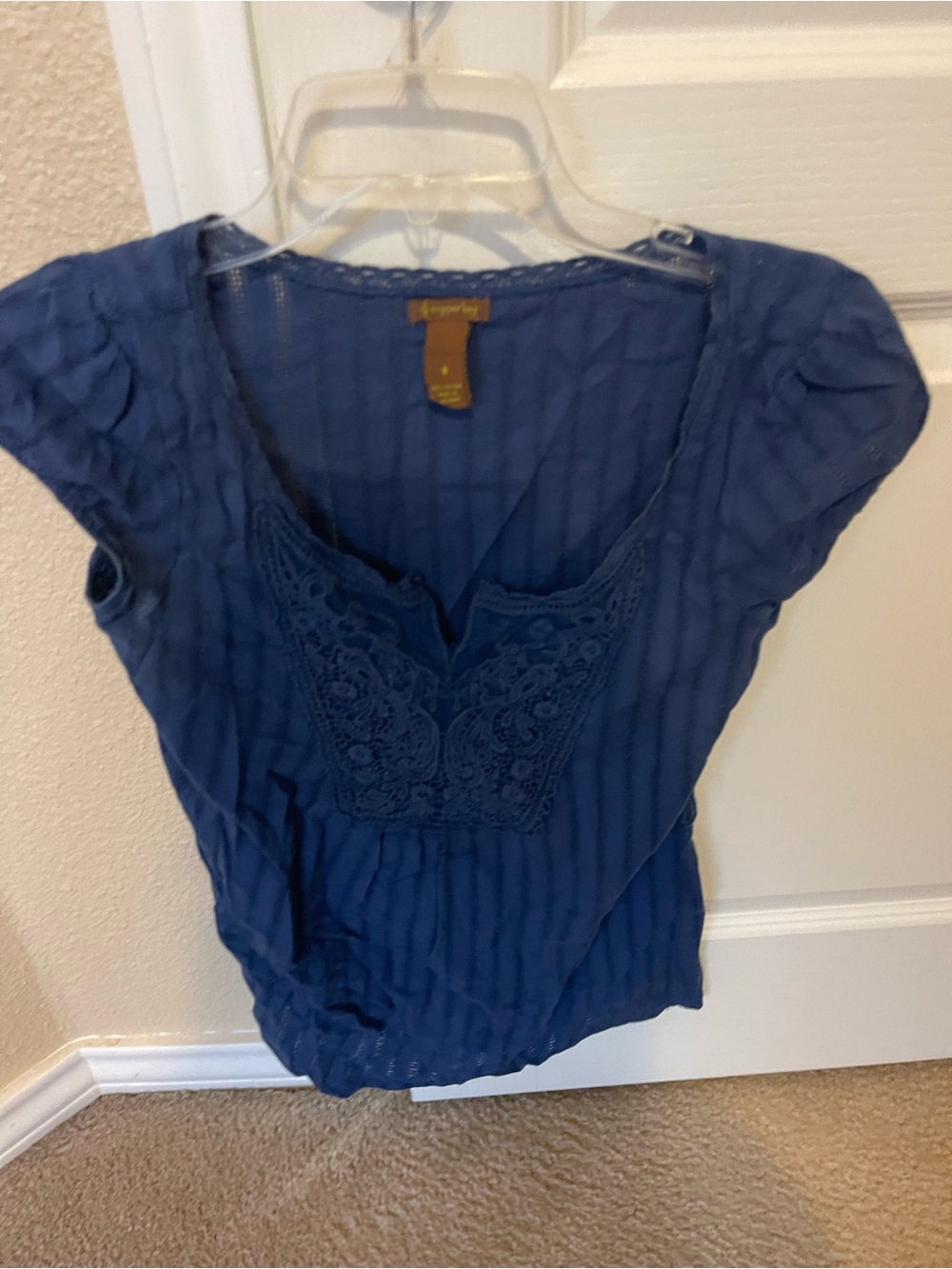 Copper Key Navy Blue Lace-Detail Cap Sleeve Top